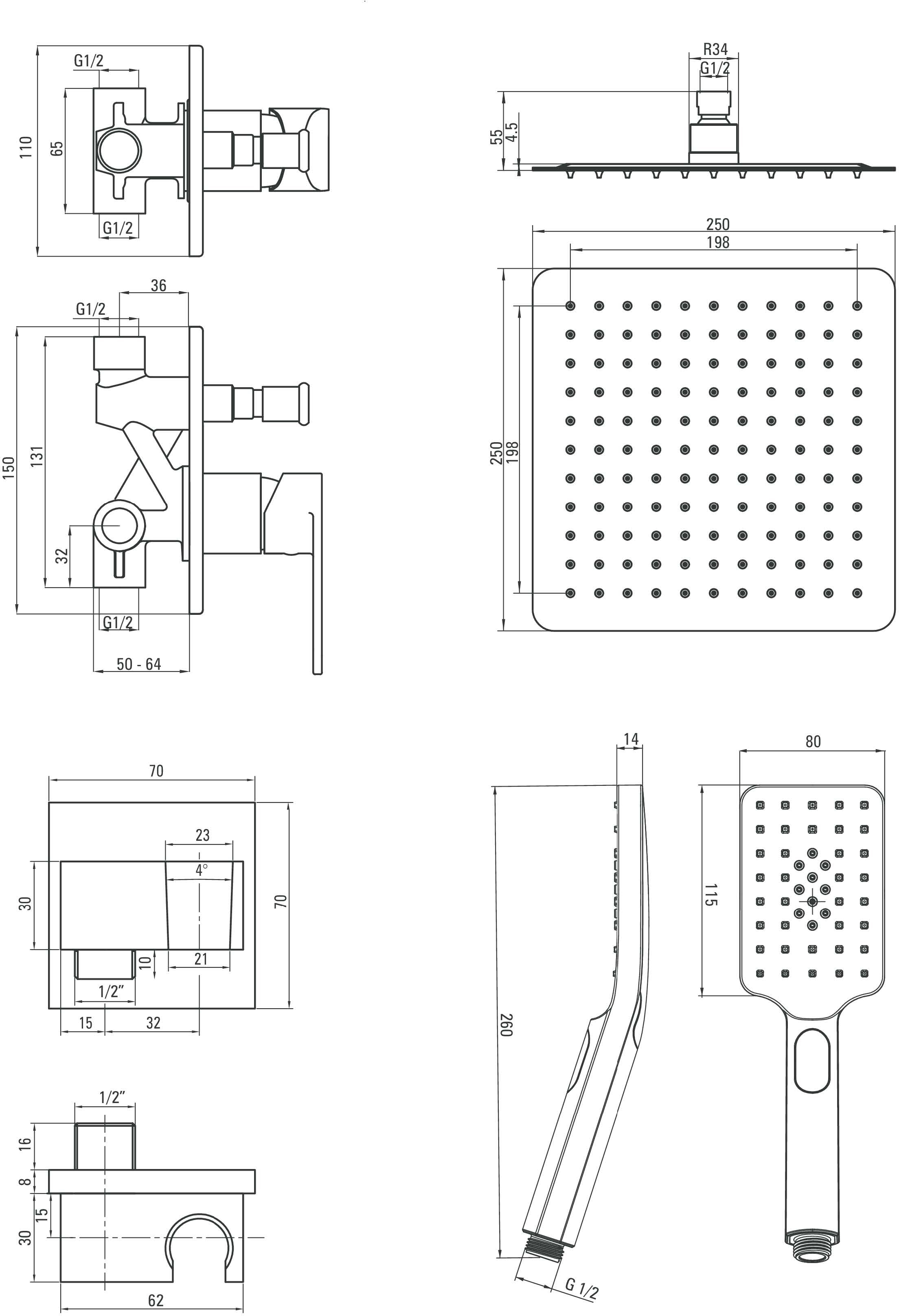 Komplet zestaw natryskowy podtynkowy ALPINIA NAC 09LP chrome połysk - rysunek techniczny